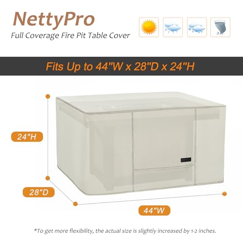 NettyPro Fade-Resistant Rectangular Fire Pit Table Cover, Beige, 44x28x24 inch