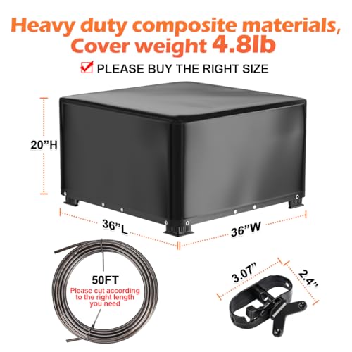 Waterproof Heavy Duty Fire Pit Cover for 36 Inch Square Fire Tables - Ideal for Solo Stove (36L x 36W x 20H, Black)