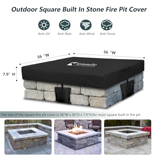 Heavy Duty WaterProof Cover for Square Stone Fire Pit(52"-56"W)(Only Cover,Black)